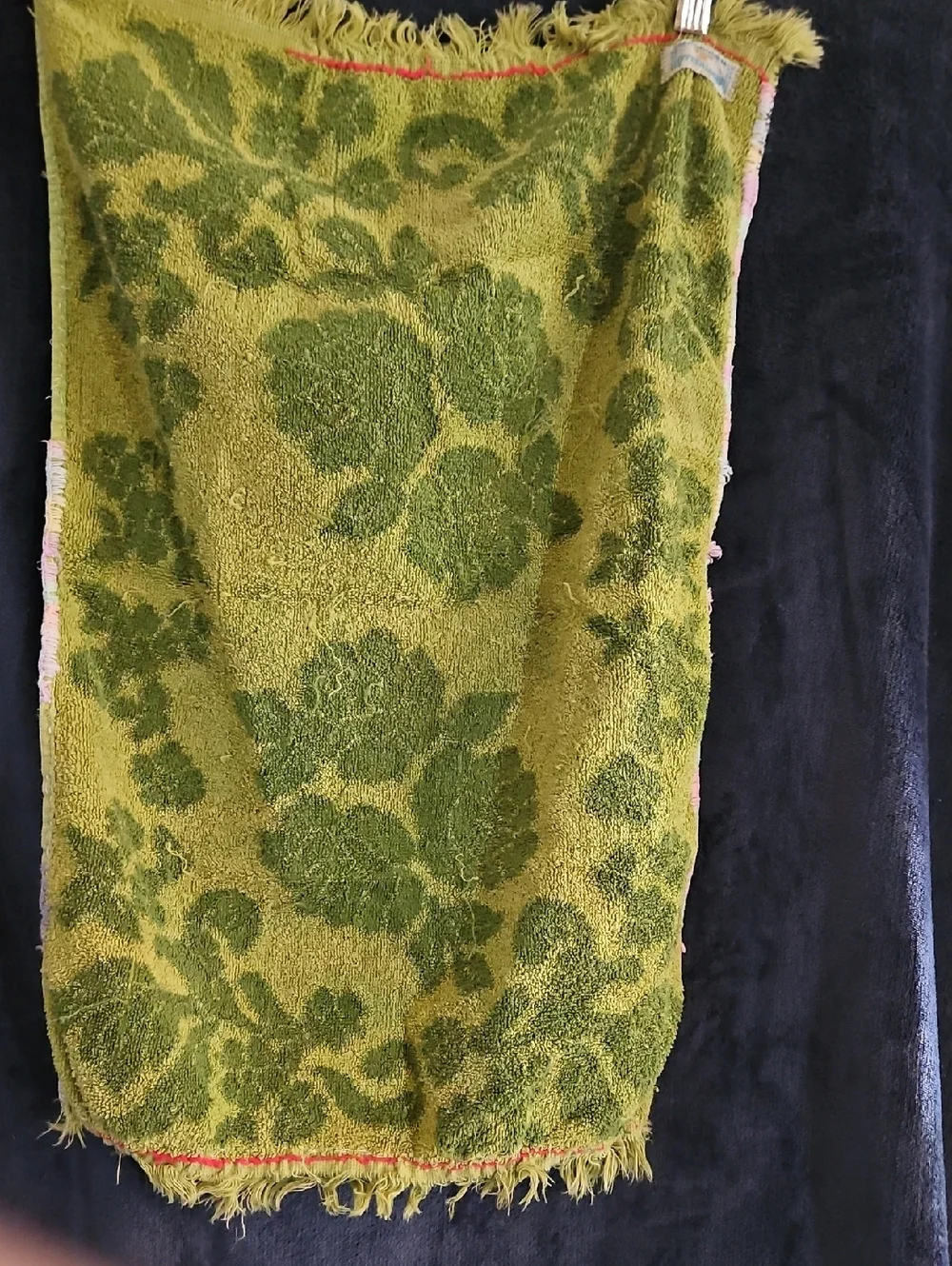 Vintage Well Loved And Repaired And Green Floral Jacquard Hand Towel